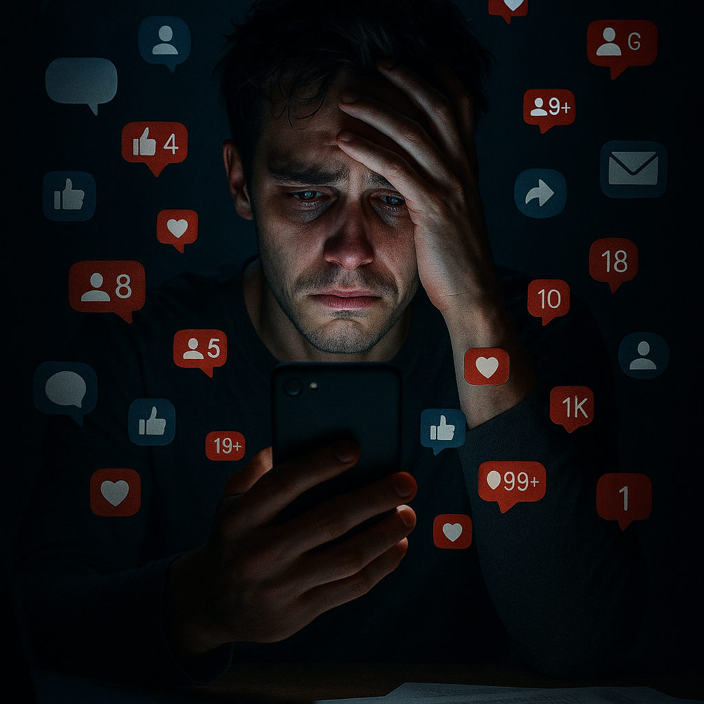 Procrastinación digital: cadenas y notificaciones atando a una persona al celular